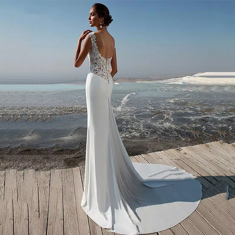 Robe de mariée Sirène dentelle O Neack Sexy Dossier Dossier Bouton sans manches Bouton long balayage Robe de mariée