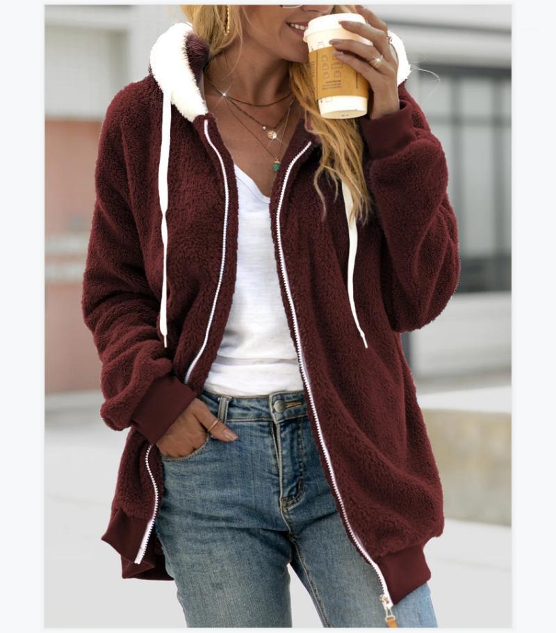 

Women's Jackets Winter Plush Coat Oversized Zipper Hooded Sweatshirts Thicken Long Sleeve Red Patchwork Pocket Jacket Lambswool Outwear, Black;brown