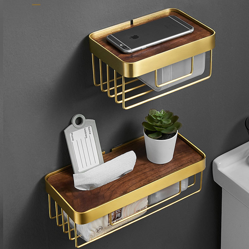 

2021 New Shelf with Phone Brushed Gold Bathroom Wall Mounted Tissue Paper Roll Holder Wood and Brass Xltu