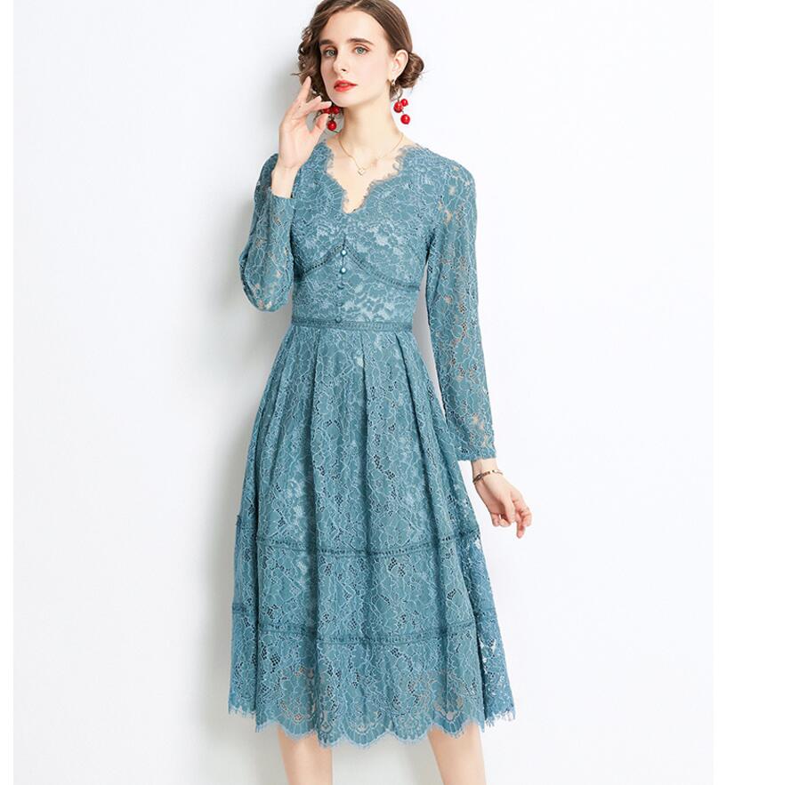 

European female lady women's autumn new dress fashion temperament waist slimming v-neck lace, As pic