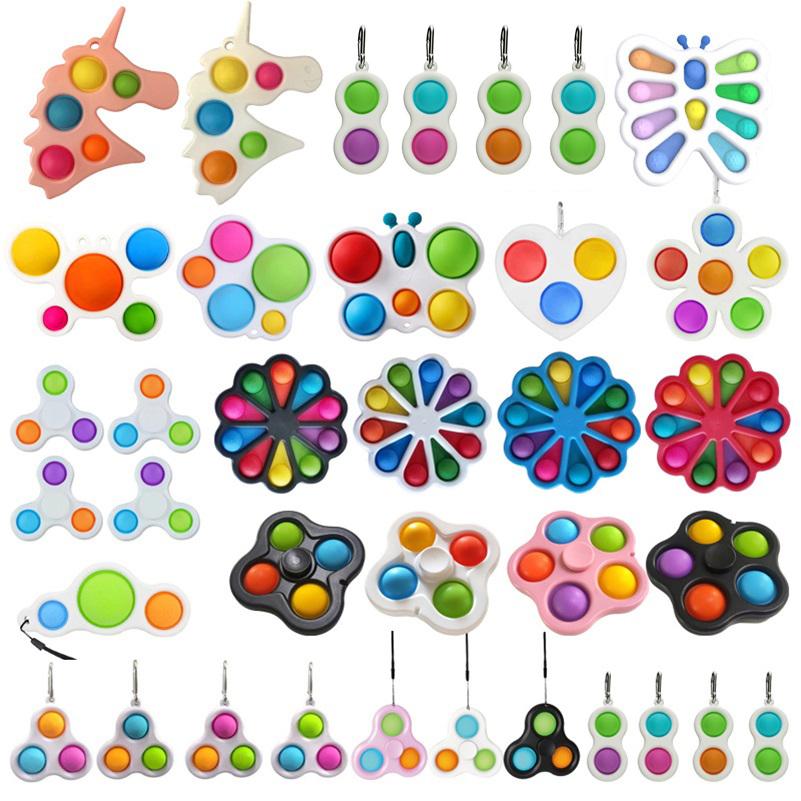 

26 Styles Finger Fun Fidget Bubble Toys Push Simple Dimple Key Ring Sensory Squeeze Balls Bubbles Keychain Unicorn Flower Butterfly