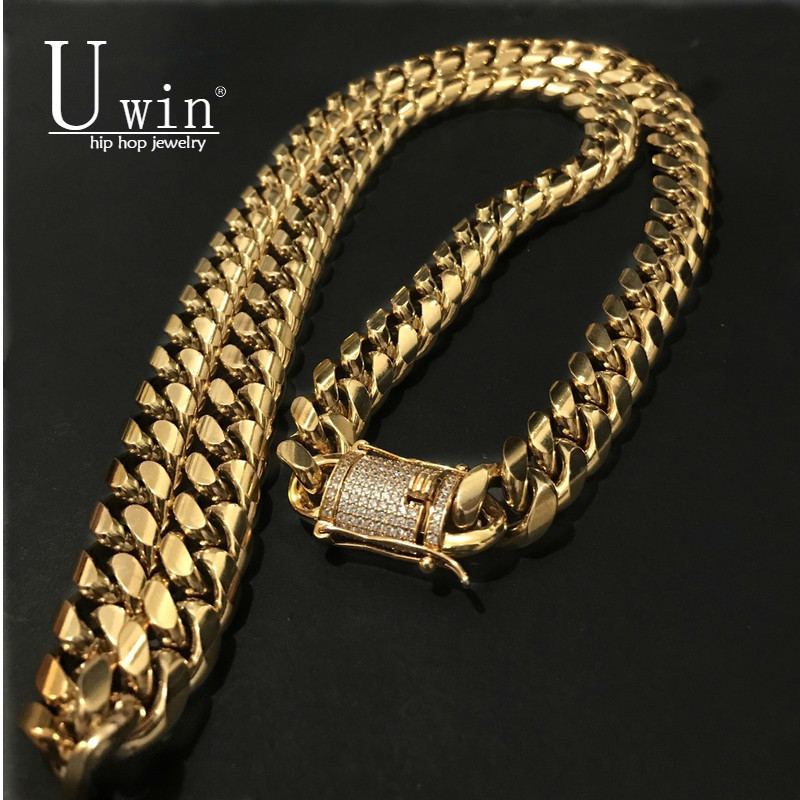 

UWIN 14mm Mens Cuban Miami Link Necklace Stainlsteel Rhinestone Clasp Iced Out Gold silver color Hip hop Chain Necklace 78cm X0509
