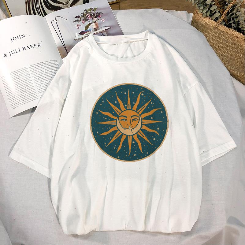 

aesthetic female tshirt sun moon print short sleeve amp tees fashion casual t shirt women clothing t shirts, White