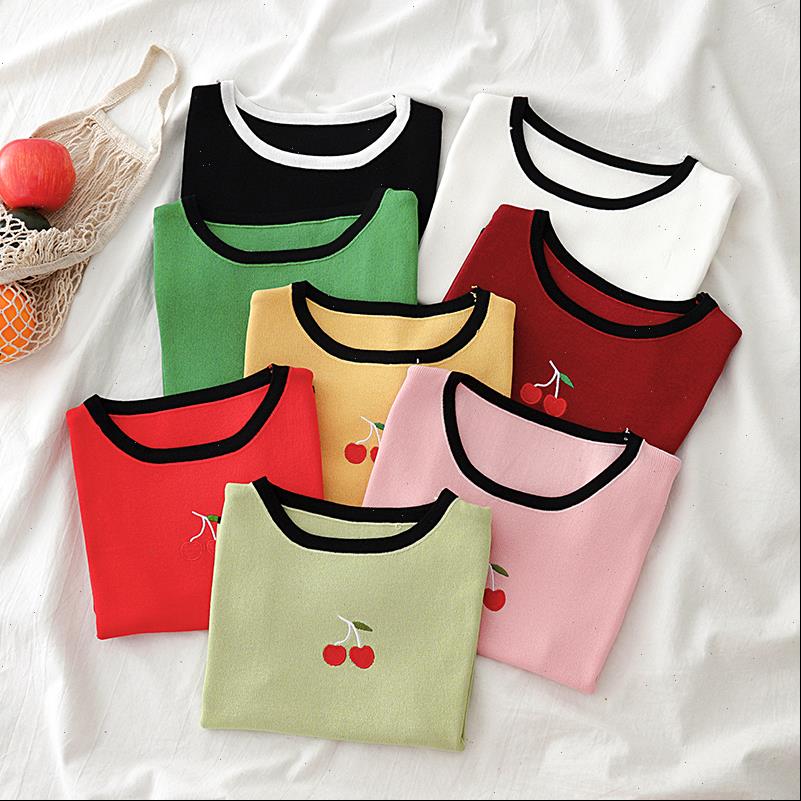 

plain t shirts cherry printed tees women 2021 summer knitted o neck short sleeve black t shirts women black hem t shirts, White