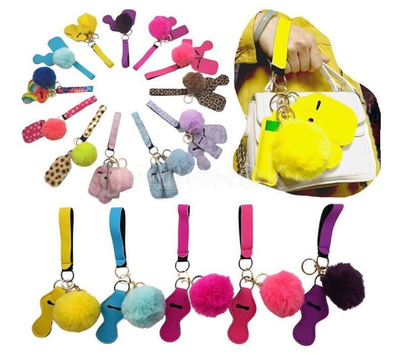

11 Colors 5pcs Defense Keychain Set Pompom Hand Sanitizer Wrist strap Lipstick Keychains Silver Keyring For Woman Men Self-defense Keyrings CDC14