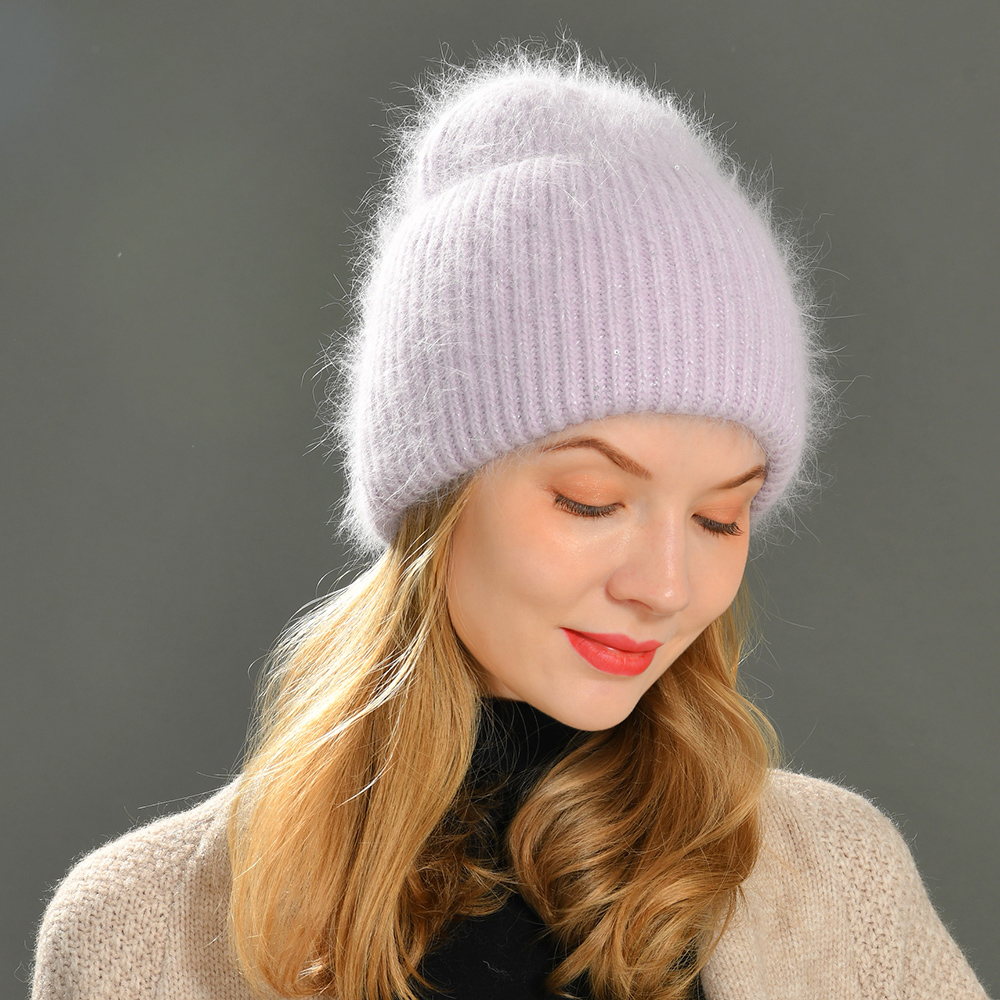 

Autumn Winter Rabbit Hair Winter Hat Warm Beanies Hats Casual Women Solid Adult Cashmere Knitted Beanie Hat with Bright Wireg, White