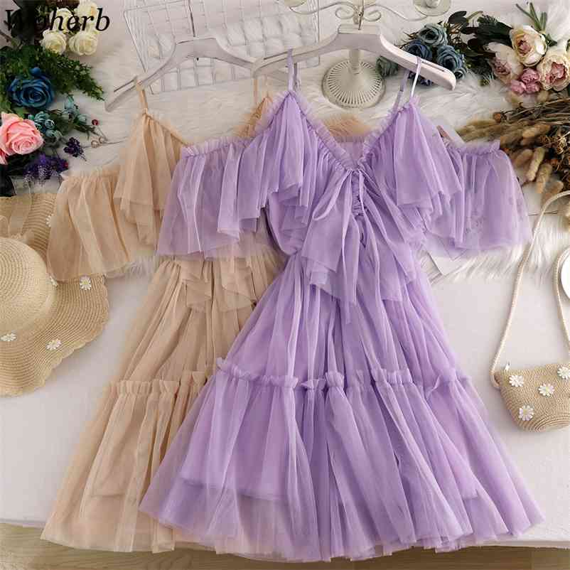 

Woherb Elegant Ruffle Mesh Dres Summer Solid Sweet Dresse Sexy Off Shoulder Vestidos De Mujer 210719, Pink