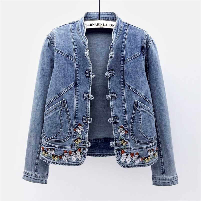 

Autumn Fashion Butterfly Embroidery Denim Jacket Women Outwear Chaquetas Mujer Stand Collar Slim Short Jeans Jackets Coat Female 211029, Blue
