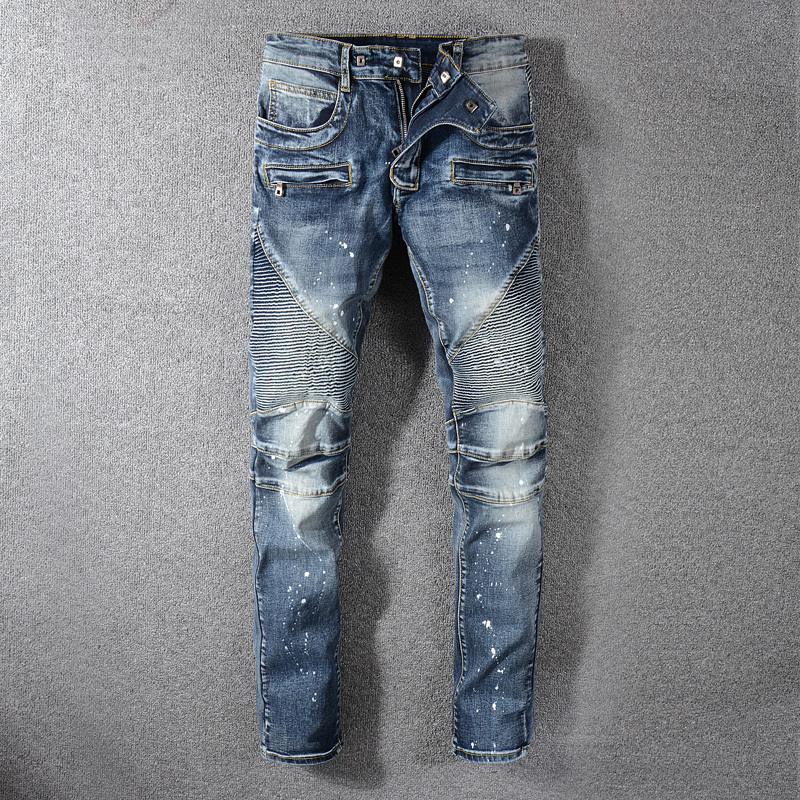 

2021 New Europeu Americano Moda Masculina Jeans Retro Lavados Pintura Impressa De Brim Dos Homens Ajuste Fino Emendado Designer Denim Calas, Retro color