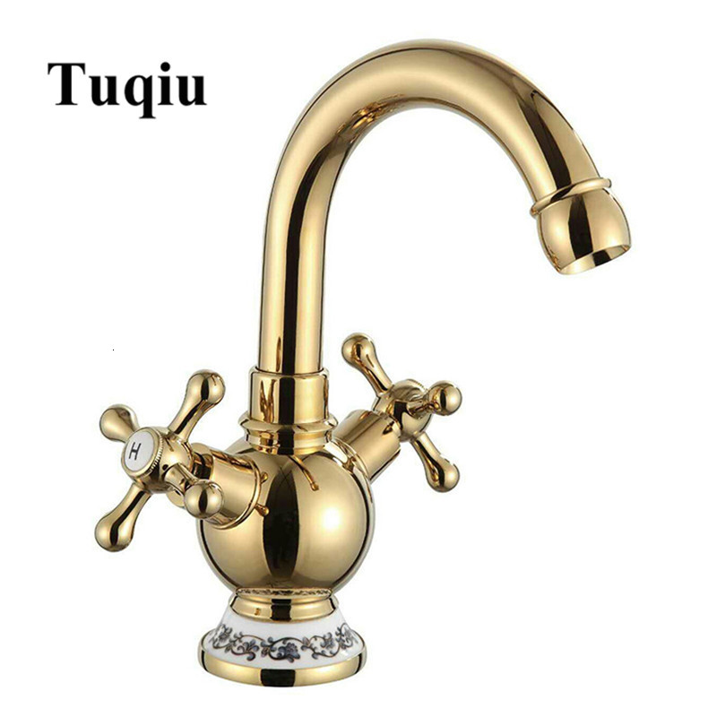 

2021 New Brass Material Bathroom Hot and Cold Sink Gold Wash Faucet Double Handle Single Hole Basin Tap Eqdh