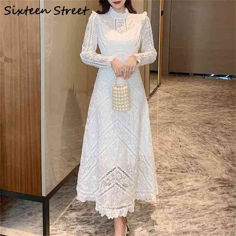 

Woman' Dress White Lace Long-sleeve Elegant Vestidos High Waist Hollow Out Party Maxi Dresses Female Spring Clothing 210603