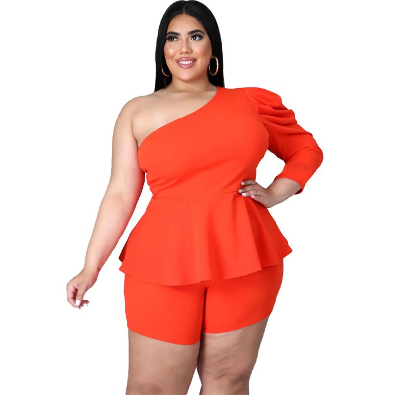 

Plus Size Tracksuits 4XL Tracksuit Women Two Piece Set Slash Neck Off Shoulder Top Short Pants Suit Solid Outfits Summer Casual Clothes, Black