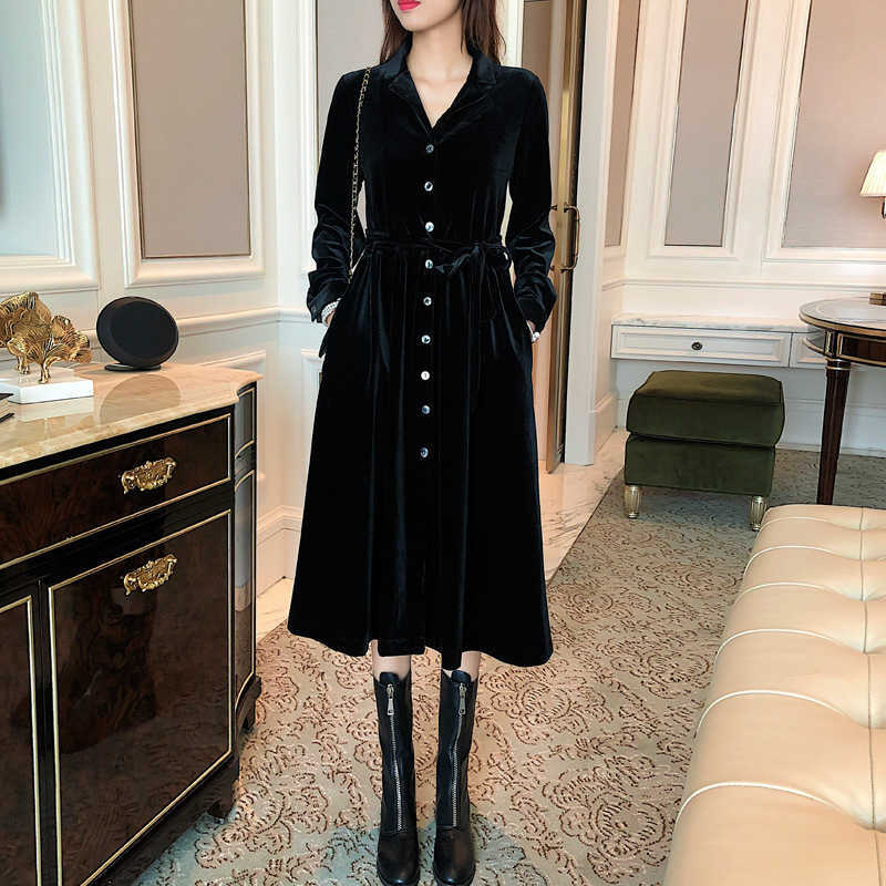 

Dress autumn ladies temperament high waist V-neck split Office Lady Sheath Knee-Length Full Solid 210603, Black