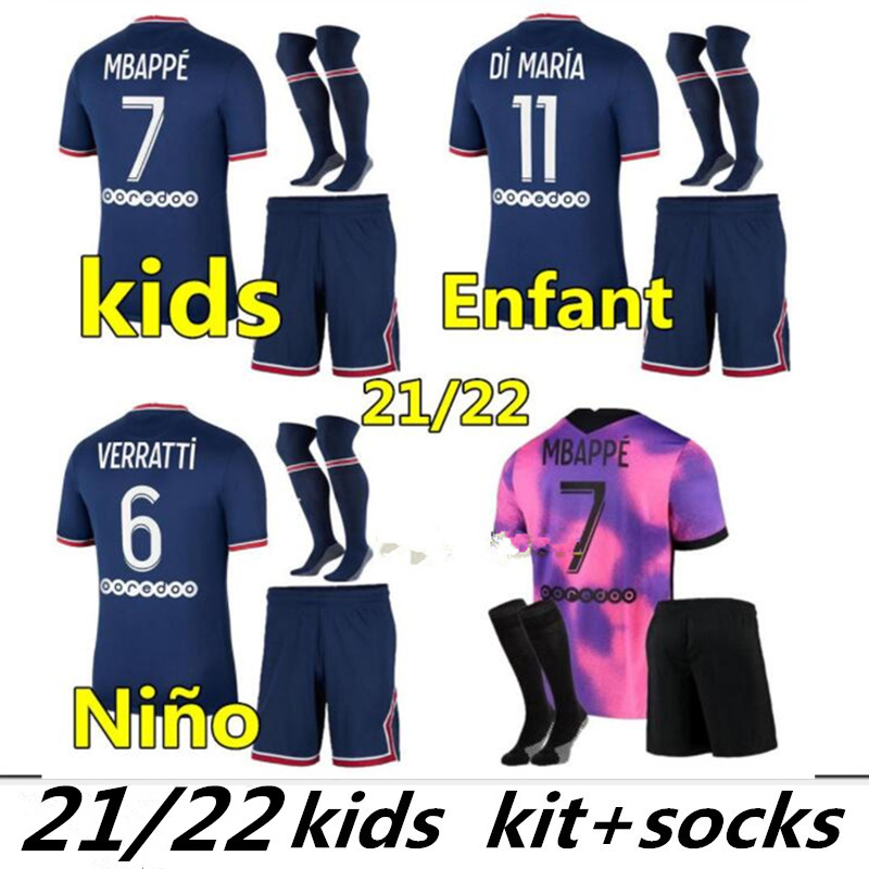 Kits de football enfants 21 22 Mbappe Kean Soccer Jersey Maillots de Sergio Ramos Chemise 2021 2022 Marquinhos Verratti Kimpembe Uniformes Enfant