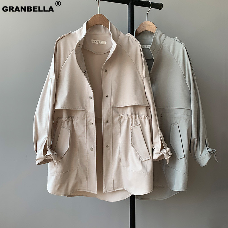 

women's trench coats spring loosed average casual elastic waistband jacket plus chick chic size trench coat fjpx, Tan;black