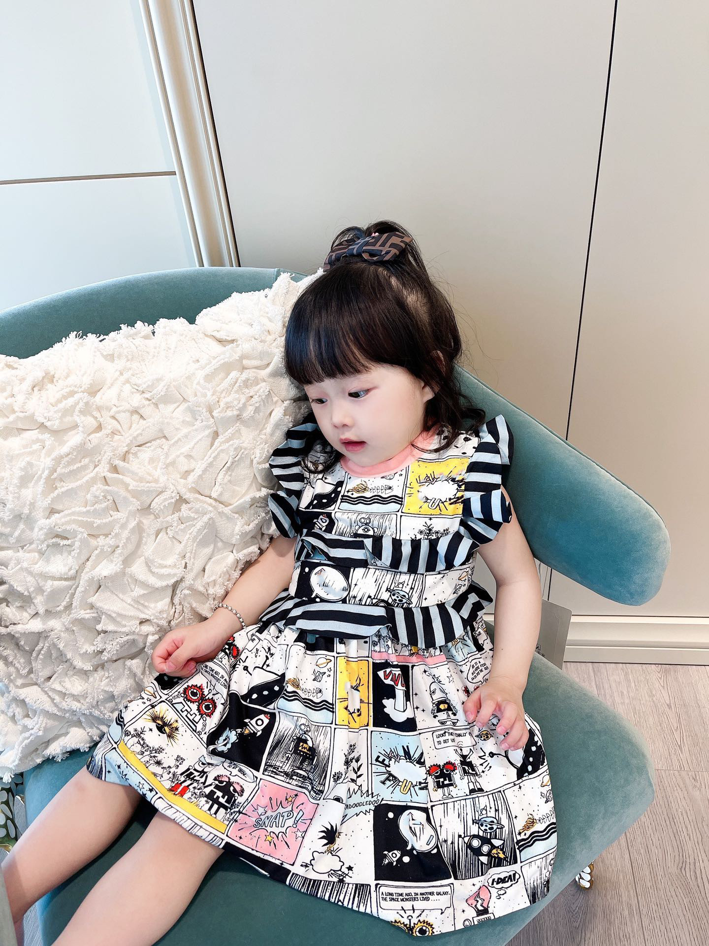 

Children Printed Dresses Summer Kids Girl Printed Dress Baby Girls Petal Sleeve clothes baby party clothing, As show