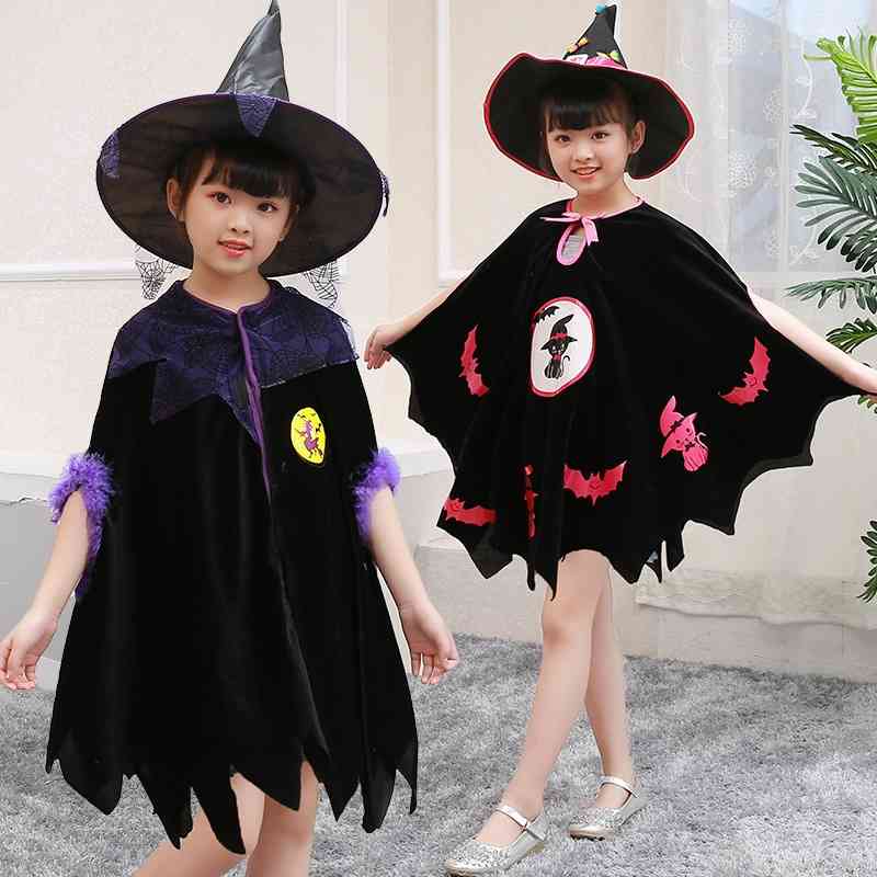 

Halloween children's girls' cos horror props witch cloak pumpkin lantern performance clothes, Black;red