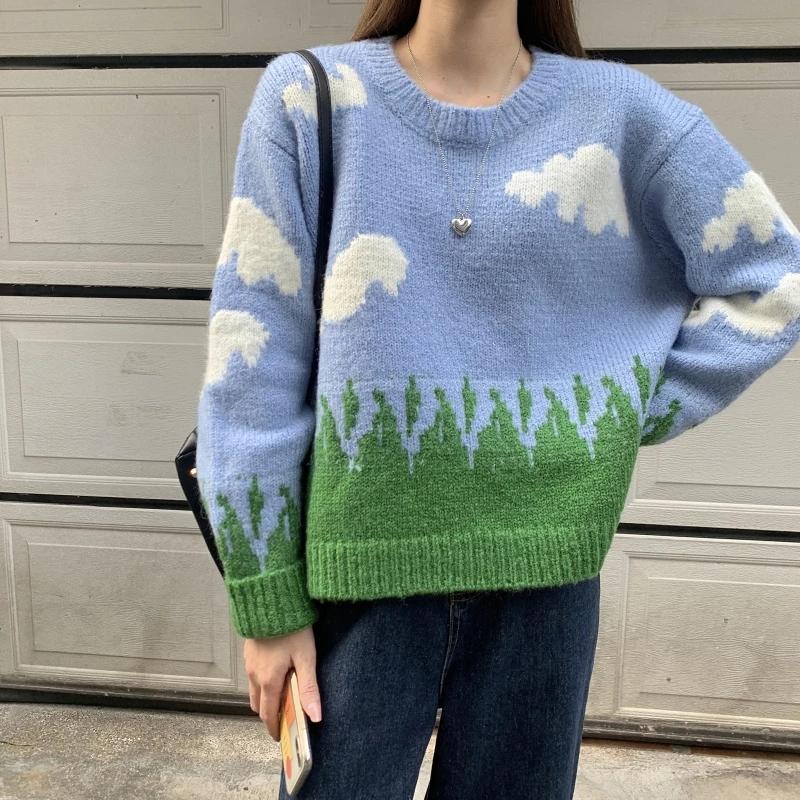 

Women' Sweaters Spring Autumn Women Crew Neck Loose Casual Long Sleeve Cloud Grass Landscape Print Knit Pullovers