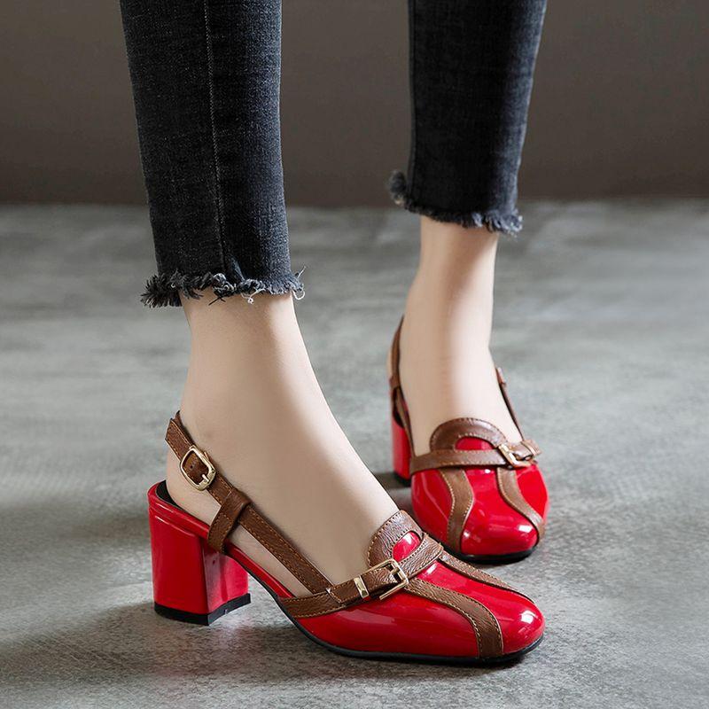 

Dress Shoes COOLULU 2021 Patent Leather Women Pumps Multicolor Mid Block Heel Ladies Slingback Square Toe Spring Size 33-46, Apricot