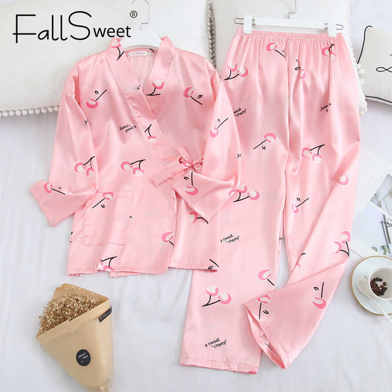 

FallSweet 2 Piece Set Silk Pajamas Sexy Sleepwear Women Long Sleeve Nightgown Satin Pyjamas Femme Q0706, Black;red