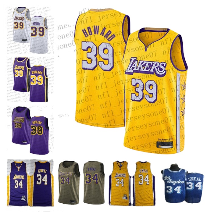 

Custom Men womens youth Los AngelesLakers34 Shaquille ONeal #39 Dwight Howard Blue Throwback Stitched Basketball Jersey, Black