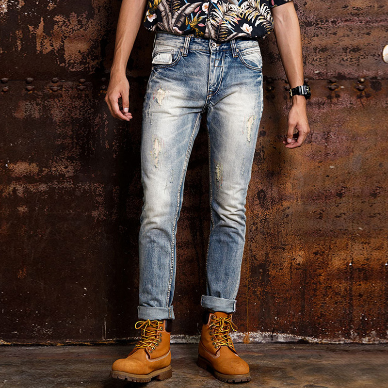 

2021 New Fashion Streetwear High Quality Slim Fit Light Blue Ripped Men Embroidery Designer Pants Hip Hop Jeans Homme 7m85