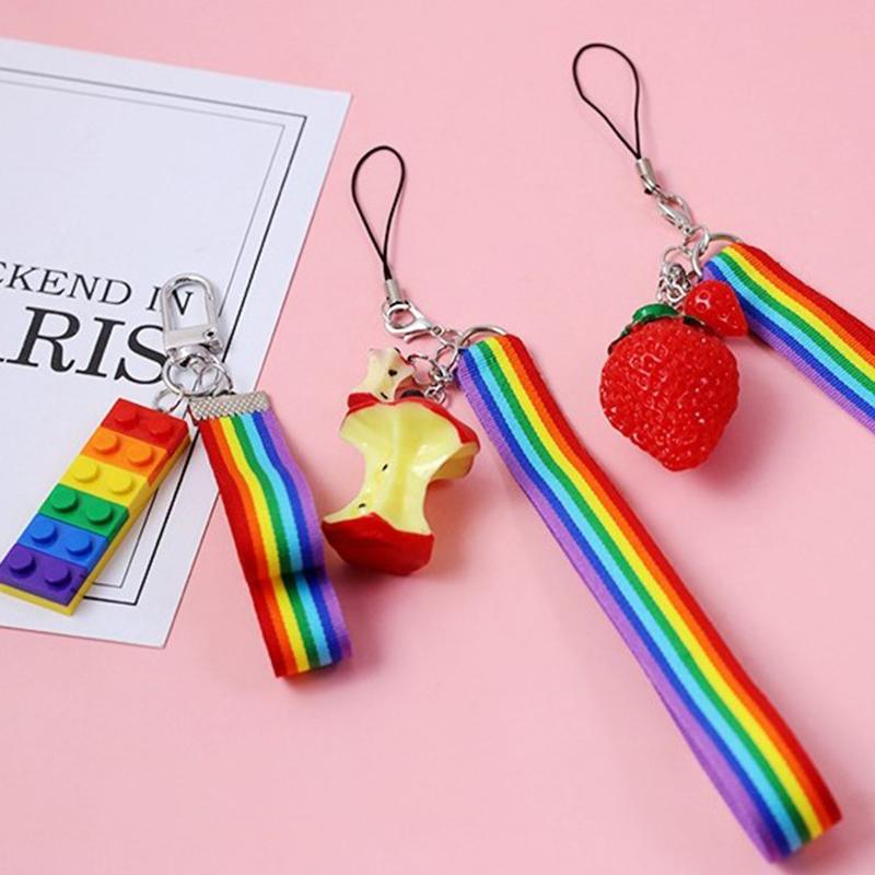 

Keychains Car Keys Chains Bag Decor Rainbow Lanyards Fruit Pendant, Silver