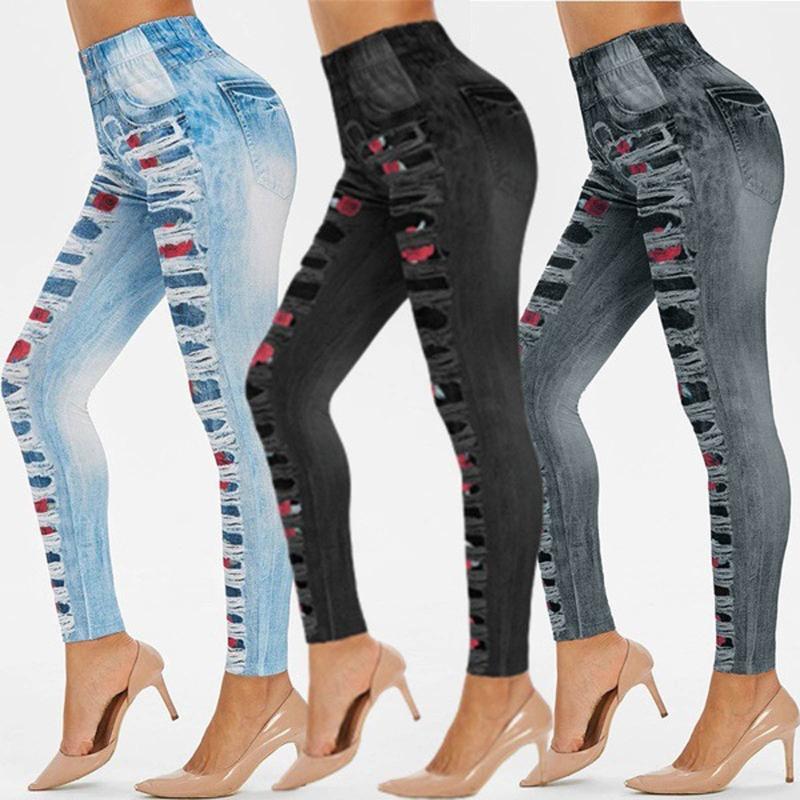 

Yoga Outfit High Waist Joga Leggings For Women Rose Printed Denim Sports Comfortable Hip Winter Bottoming Tights Pant Leggins