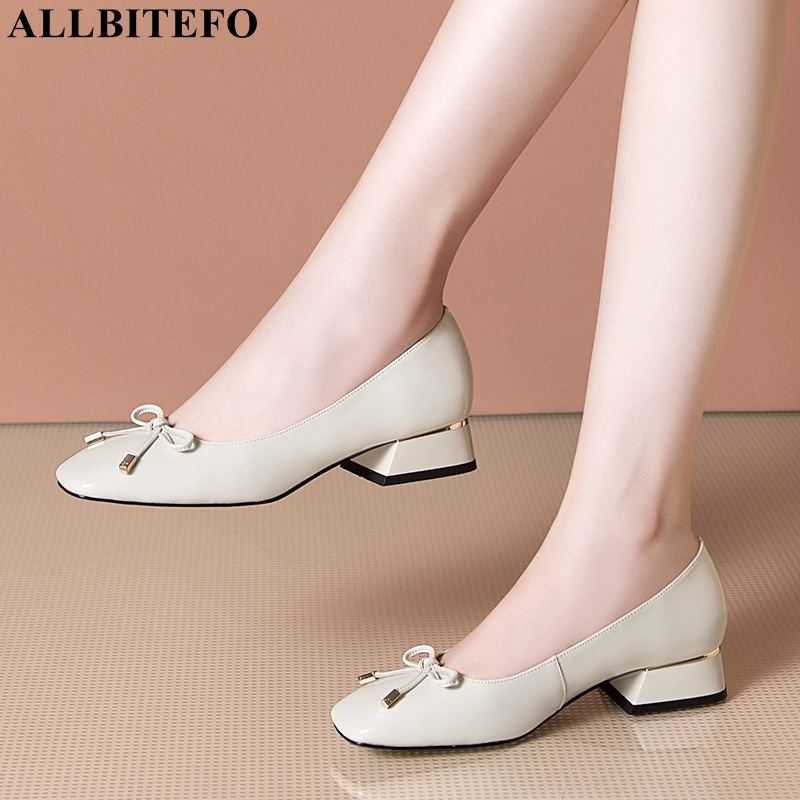 

ALLBITEFO bowtie genuine leather thick heels women shoes low-heeled comfortable woemn heels office ladies shoes size:33-42 210611, As picture