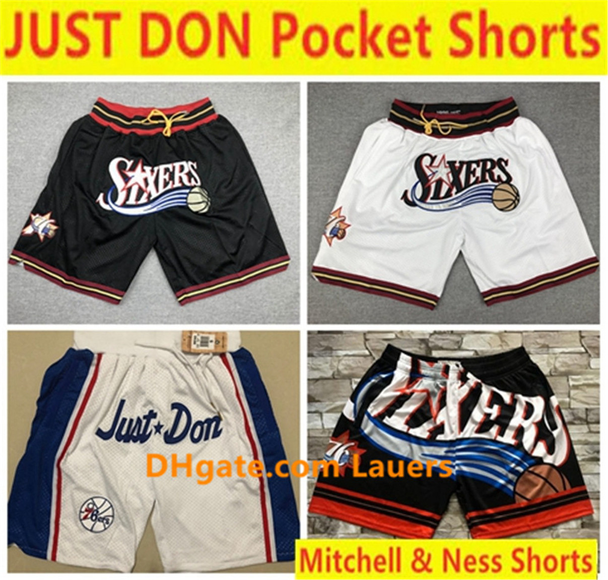 

Vintage Mens New Philadelphia 76ers Just Don Pocket Shorts Embiid Iverson Big Face Stitched Breathable Basketball Classic Shorts, Black