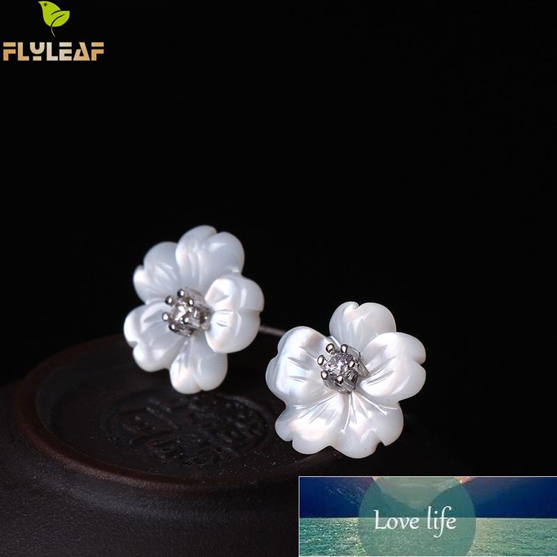 

Flyleaf 100% Sterling Silver Shell Carvings Flowers Stud Earrings For Women Fashion Cubic Zirconia High Quality Jewelry