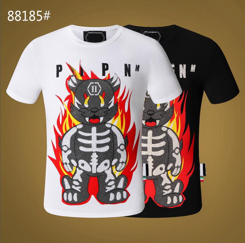 

PP Fashion Men's Designer slim fit T-shirt Summer rhinestone Short Sleeve Round Neck shirt tee Skulls Print Tops Streetwear collar Polo, White