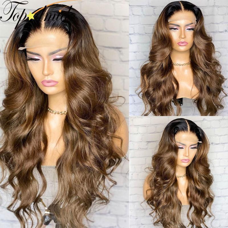 

Lace Wigs Topodmido Ombre Brown Color 13x4 Transparent With Middle Part Brazilian Remy Human Hair Glueless 4x4 Closure, Black;brown