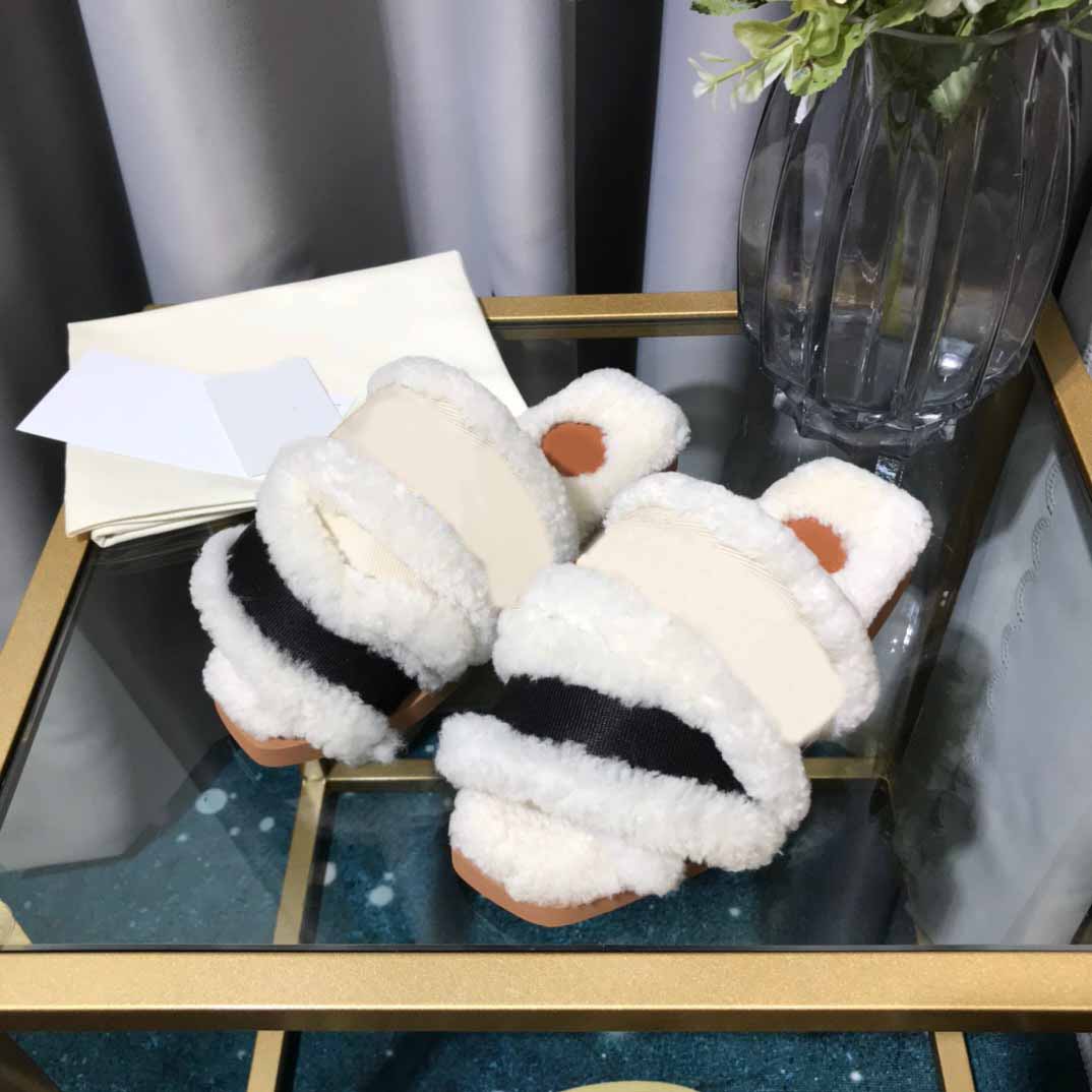 

European and American letter women's winter slippers wool warm logo design complete packaging size 35-41, Black