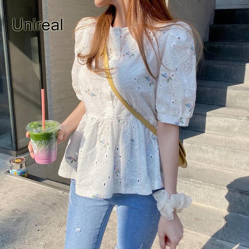 

Women' Blouses & Shirts Unireal 2021 Summer Women Floral Embroidery Blouse Shirt Cute Girls Flowers Vintage White Tunic Tops