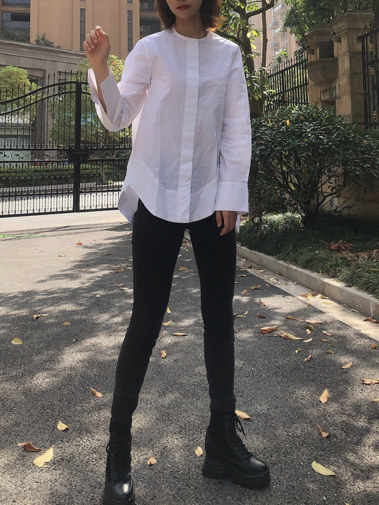 

2021 New Algodo Simples Camisa Senhoras Arco Hem Manga Longa Blusas Brancas e Topos Caual Feminino Nico-breasted Camisas K9bt, Black