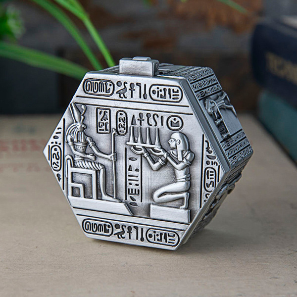 

Hexagon Metal Case Jewelry Box Egypt Pharaoh Pattern Carved Keepsake Souvenir Gift Storage Box Ring Necklace Organizer Chest
