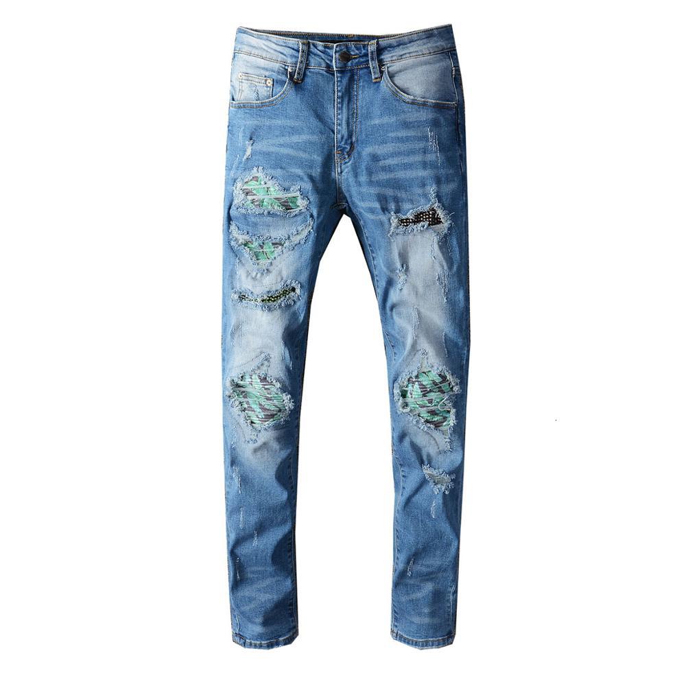 

2021 New Men's Male Trousers High Street Fashion Blue Brand Damage Wash Patch Diamond Jeans Ripped Elastic Slim-fit Denim Pants 658 9o4p