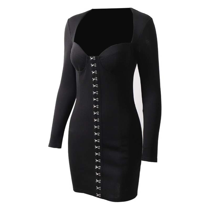 

2021 New Autumn Women Short Retro Shoulders Wrapped v Neck Bodycon Pencil Ladies Sexy Eye-hook Rivet Long Sleeve Party 1nj7, Black