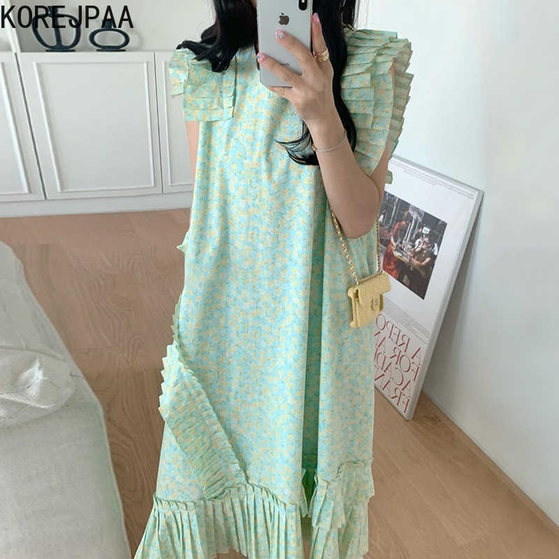 

Korejpaa Women Dress Summer Korean Fresh Round Neck Floral Loose Organ Edge Stitching Flying Sleeves Large Swing Vestidos 210526, Green