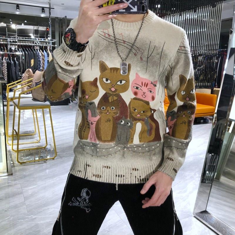 

Men's Sweaters Cartoon Casual Print Knitted Top Men Long Sleeve Slim Fit Fashion Spring Autumn Pullover Sweater Male O Neck Harajuku, Beige