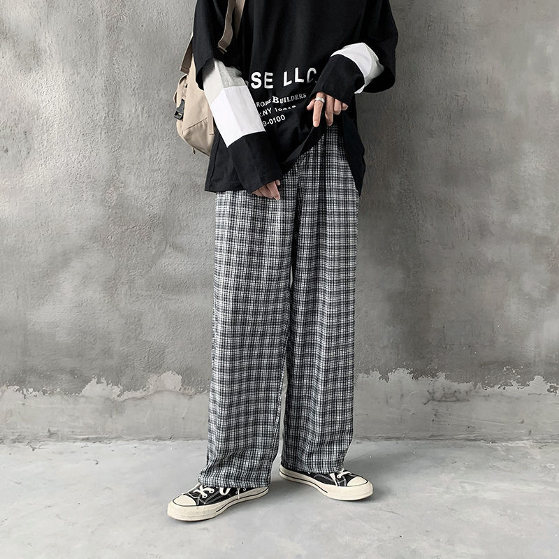 

2021 New Autumn Thin Plaid Men's Fashion Retro Casual Men Streetwear Wild Hip-hop Straight Wide-leg Pants Mens -2xl C88u, Black