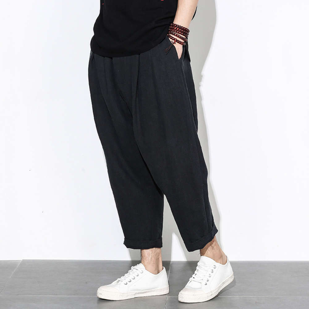

2021 new Chinese Style solid color cotton linen casual Men's Capris loose large straight pants, Black