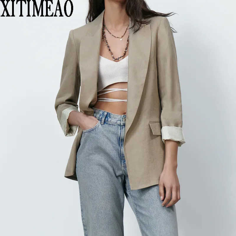

Za Women Fashion Buttonless Oversized Blazer Thin Coat Vintage Long Sleeve Pockets Loose Female Outerwear Chic Tops 210602, Khaki