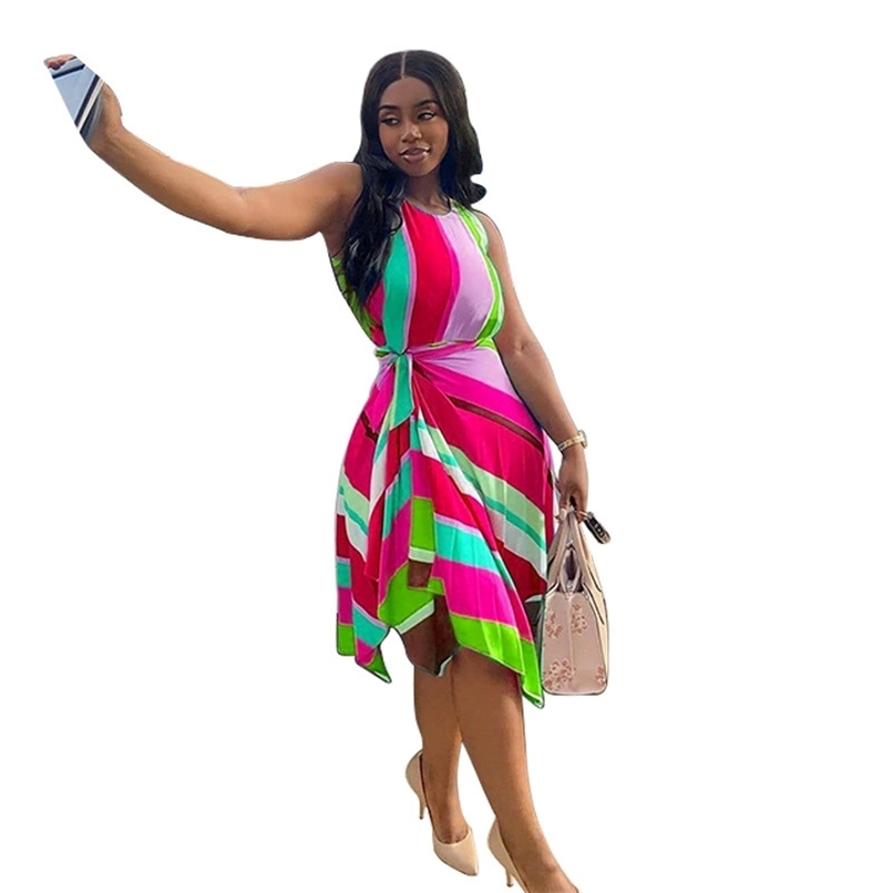 

Rainbow Striped Women Dresses Summer Arrival Sleeveless High Waist Office Lady Elegant Robe Ion Party And Club Wear 210525, Blue