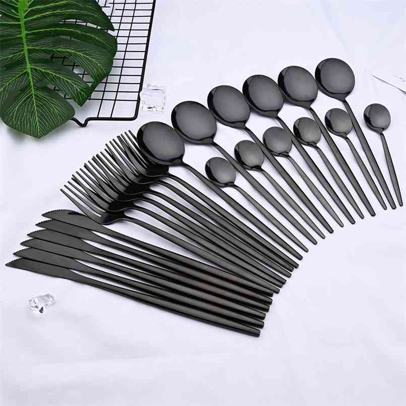 

24pcs Black Western Dinnerware Set Stainless Steel Cutlery Fork Knife Spoon Tableware Flatware Silverware 210907