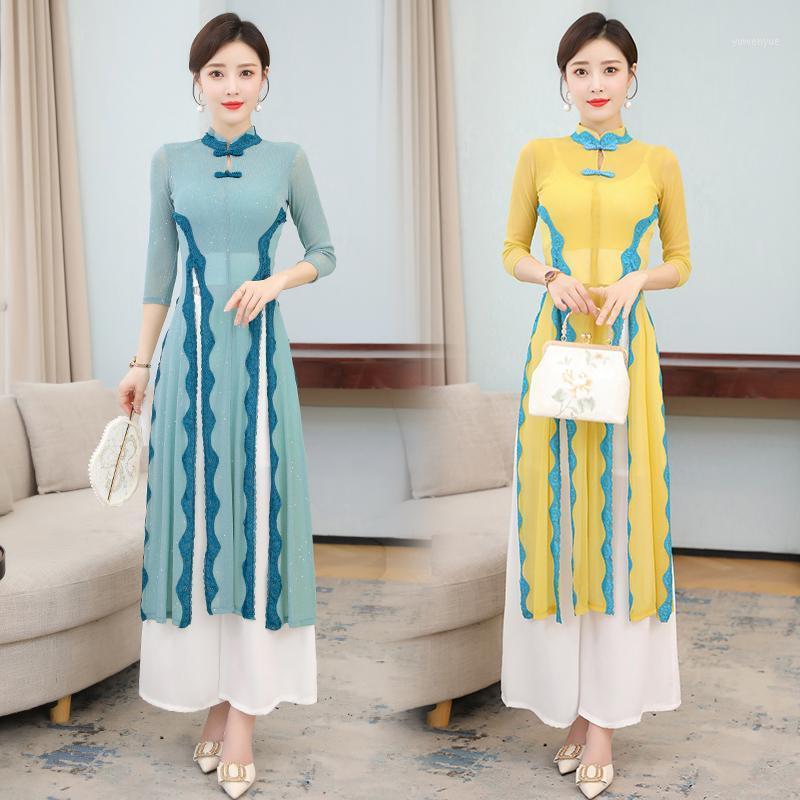 

Casual Dresses Classical Fairy Uniforms Cheongsam Body Charm Tissue Embroidered Chinese Wind Flowing Performance, Malachite green