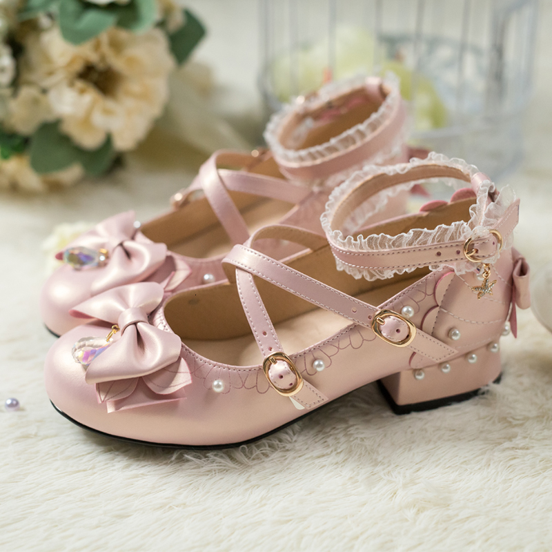 

Sweet Girls Bowknot Kawaii Tea Japanese Party Cosplay Beautiful Anime Lolita Women's Mid Heel Jk Pearl Lace Buckle Loli Shoes 71ii