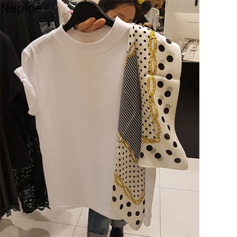 

Neploe Polka Dot Scarf Patchwork Summer Women Top Fashion O-Neck Short Sleeve Tees Korean Chic Loose T Shirts 43392 210708, Black