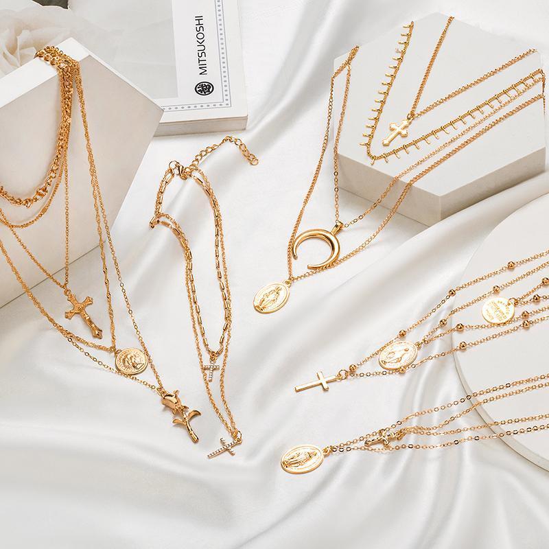 

Chains Bohemian Cross Necklaces For Women Men Multilayer Fashion Pendant Vintage Gold Chokers Necklace Portrait 2021 Trendy Jewelry
